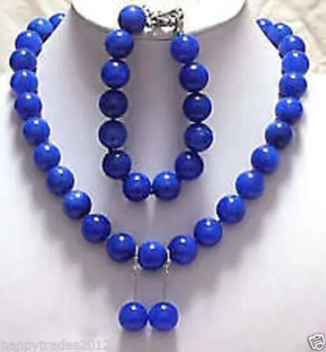 

Hot selling> 12mm Egyptian Lapis Lazuli Beads Necklace 17" Bracelet 7.5" Earrings Set (A0425) -Bride jewelry free shipping