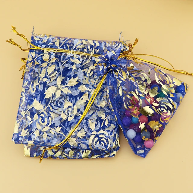 500pcs Royal Blue Organza Bag 7x9cm Gold Rose Print Christmas Gift 500pcs Royal Blue Organza Bag 7x9cm Gold Rose Print Christmas Gift Bags Jewelry Packaging Wedding