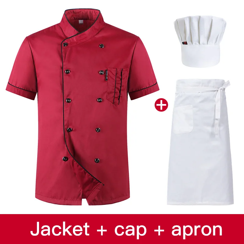 Short Sleeved Restaurant Chef uniforms Hotel Kitchen chef clothes Men and Women uniforms Breathable Jacket+ Hat+ Apron Summer - Цвет: jacket cap apron