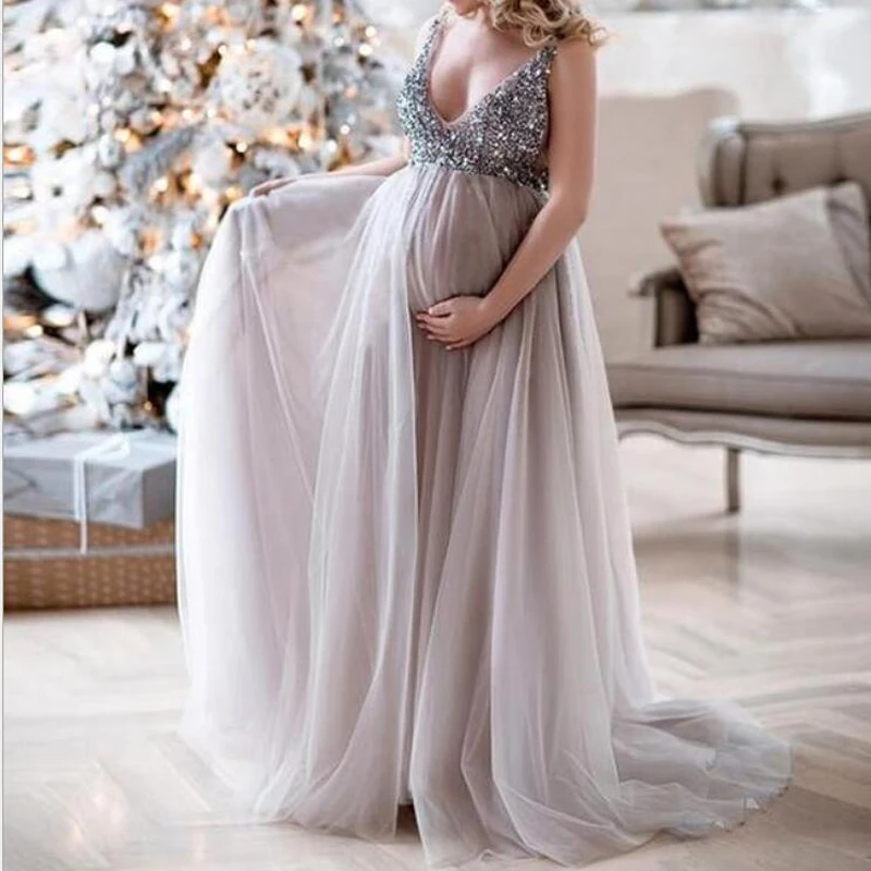

V-Neck Sequins design Maternity Dresses For Photo Shoot Maternity Photography Props Pregnancy Dresses For Pregnant Women Fashion