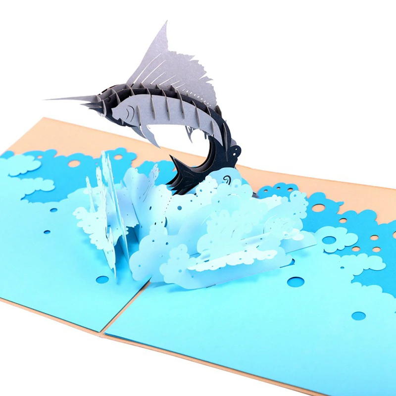  3D Laser Cut Handmade Leaped Out of The Sea Sailfish Paper Invitation Greeting Cards + Envelope Kid - 32908265693