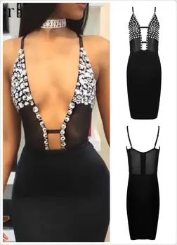 

Top Quality Black V-neck Hand Made Beading Rayon Bandage Dress Fashion Party Bodycon Dress
