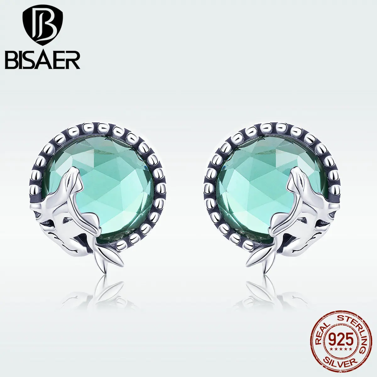 

925 Sterling Silver Ocean Blue Radiant Crystal Stone Mermaid Stud Earrings For Women Wedding Jewelry Girl Earrings Brinco HSE383