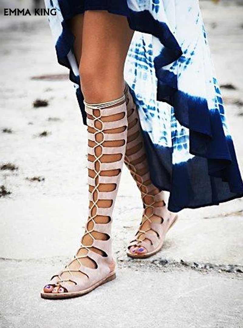 

2019Sexy Cut-outs Flat Knee High Boots Women Lace-up Peep Toe Gladiator Sandals Boots Slingback Ladies Shoes New Sandalias Mujer