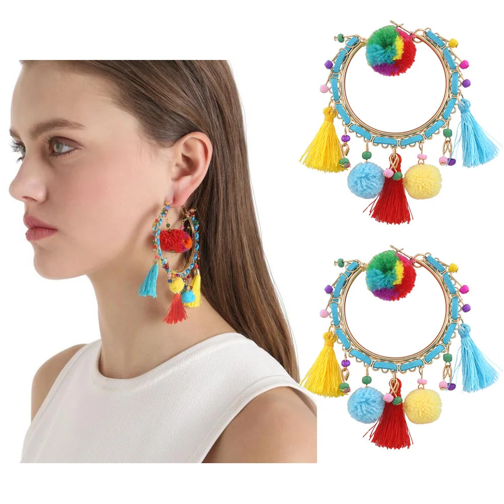 2017 Bohemian Tassel Earrings for Women Ethnic Colorful Pom Dangle Earring Small Cubic Zirconia