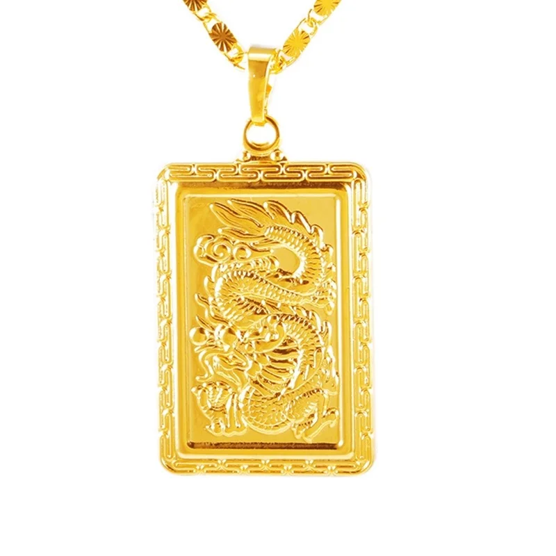 gold no chain OMHXFC Европейская мода горячие женщины мужчины унисекс вечерние день рождения свадьба подарок прямоугольник Дракон 24KT золотой кулон Шарм EP53 - Цвет камня: gold no chain