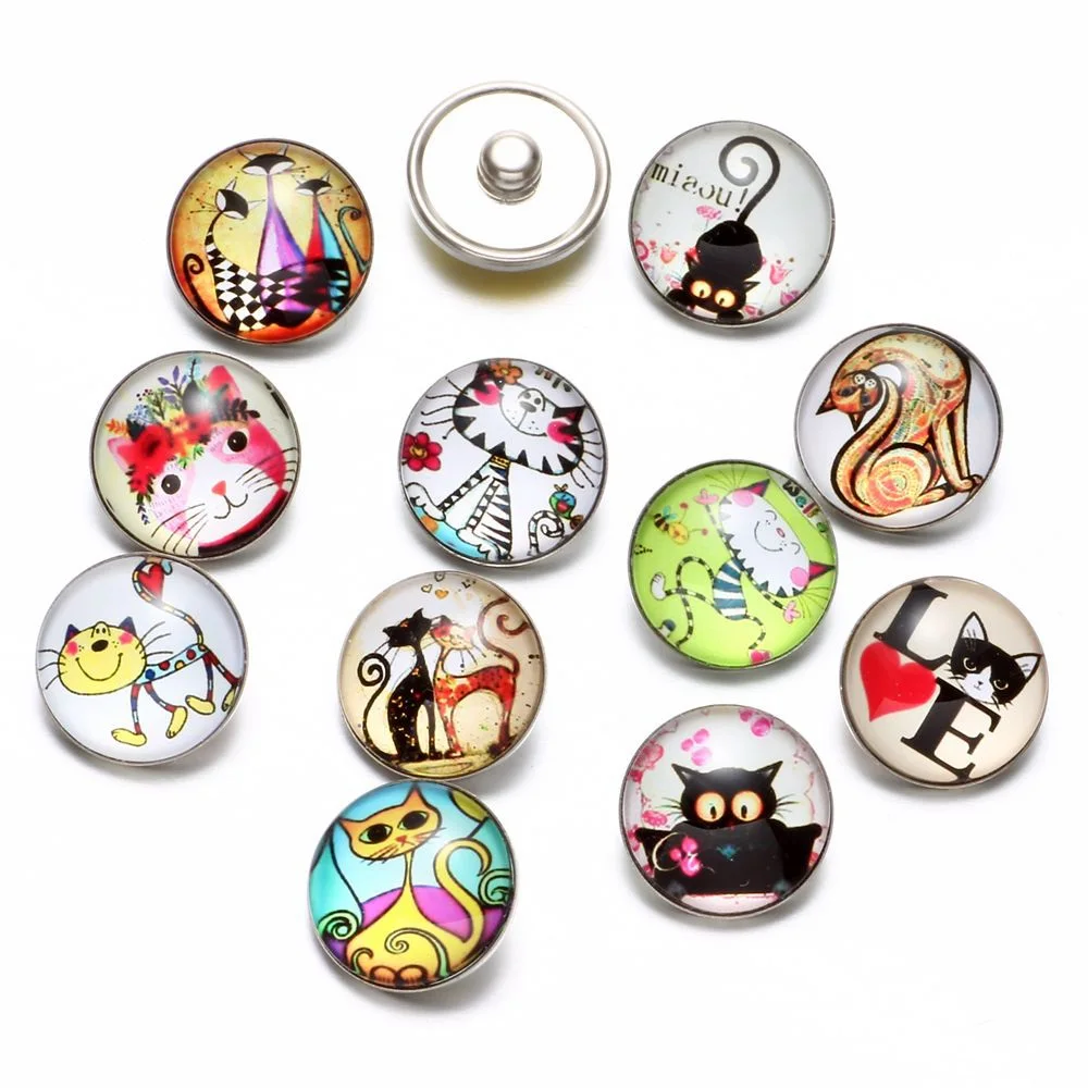 12pcs/lot I Love Cat Pattern Glass Charm 18mm Snap Button Jewelry for 18mm Snaps Bracelet Snap Jewelry Kz0545