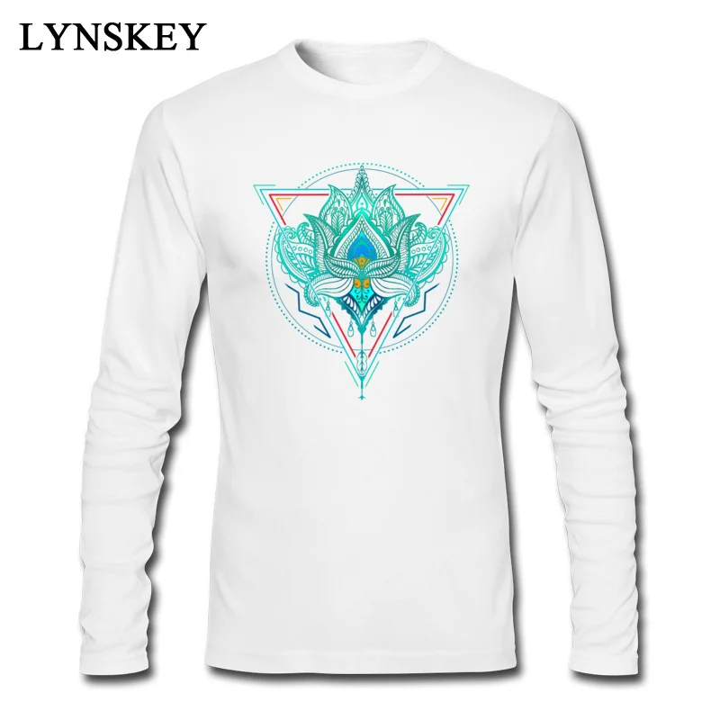 Slim Fit Casual Long Sleeve T Shirt Summer/Fall O-Neck 100% Cotton Tops T Shirt for Adult Printed Sweatshirts Top Quality Lotus The Flower Of Life in Triangle white