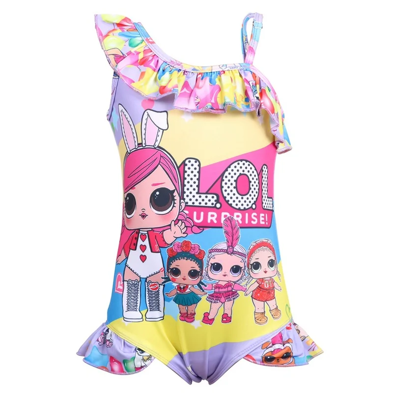 

New children's baby cartoon LOL swimsuit 2019 off-the-shoulder children's swimsuit girls Siamese swimwear princess dress