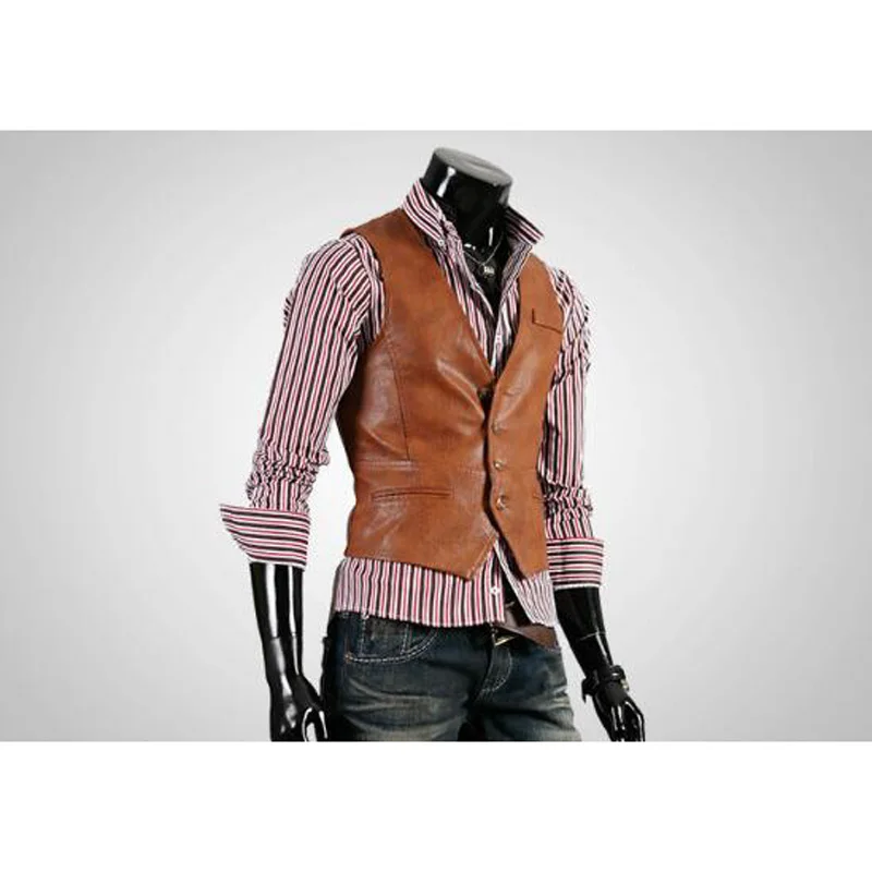 

Men Leather Vest High Quality Fashion Chaleco Hombre Casual Brown Suit Vest Men Slim PU Vest