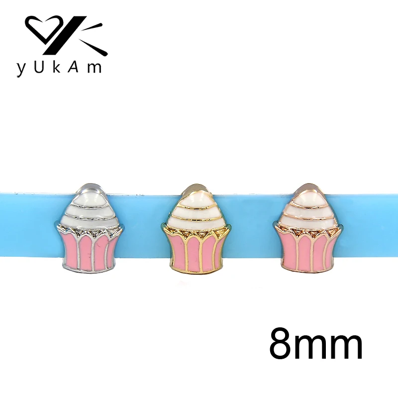 

YUKAM Jewelry Sliders 8mm Enamel Birthday Cake Ice Cream Slide Charms Keepers for Mesh Keeper Bracelets DIY Accessories Making