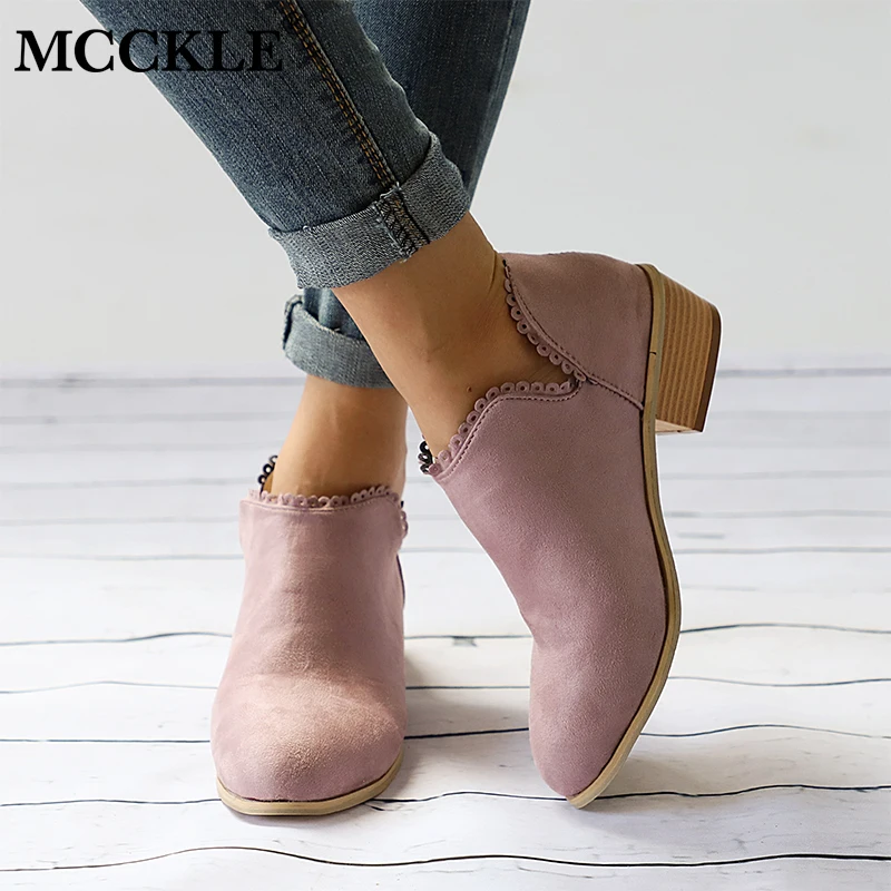 

MCCKLE Autumn Woman Clog Heel Ankle Boots Plus Size Low Heel Shoes Fashion Slip On Female Short Boot Casual Shoe Footwear
