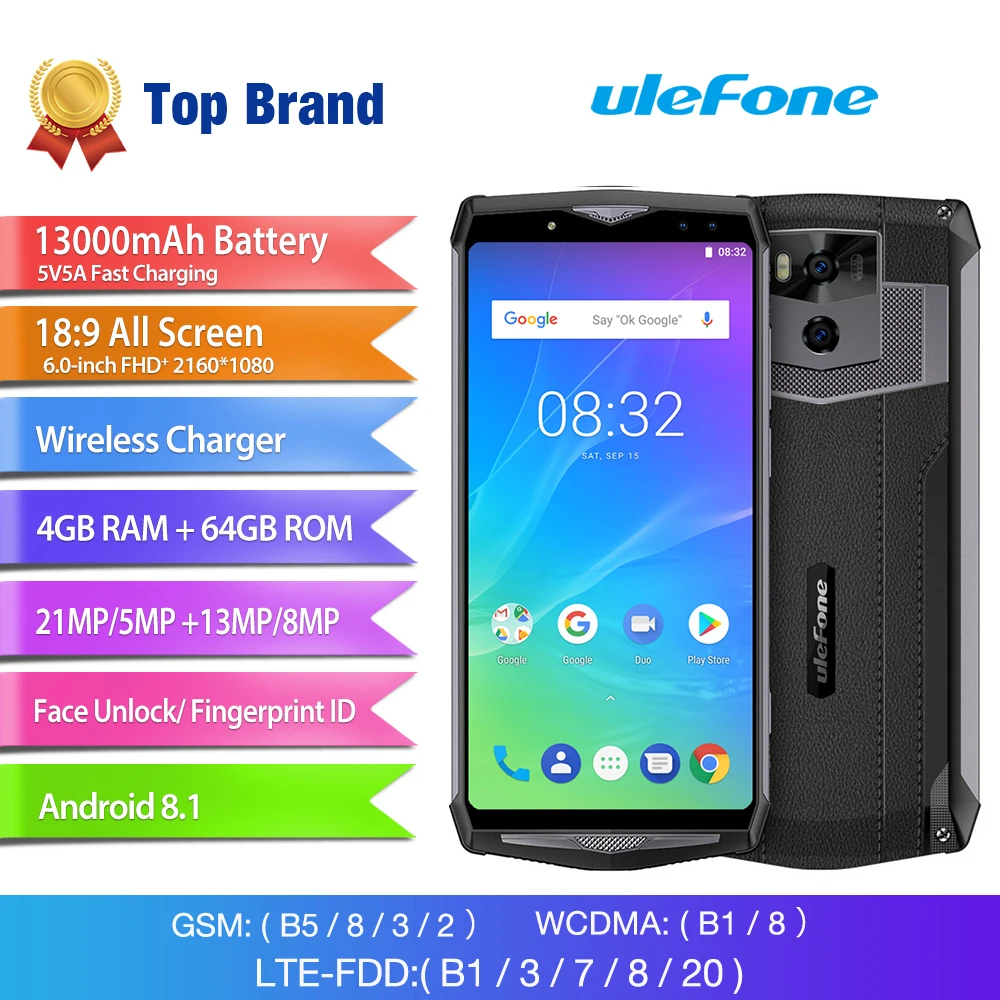 

Ulefone Power 5s 13000mAh Mobile Phone Android 8.1 6.0" FHD MTK6763 Octa Core 4GB+64GB 21MP Face ID Wireless Charge Smartphone