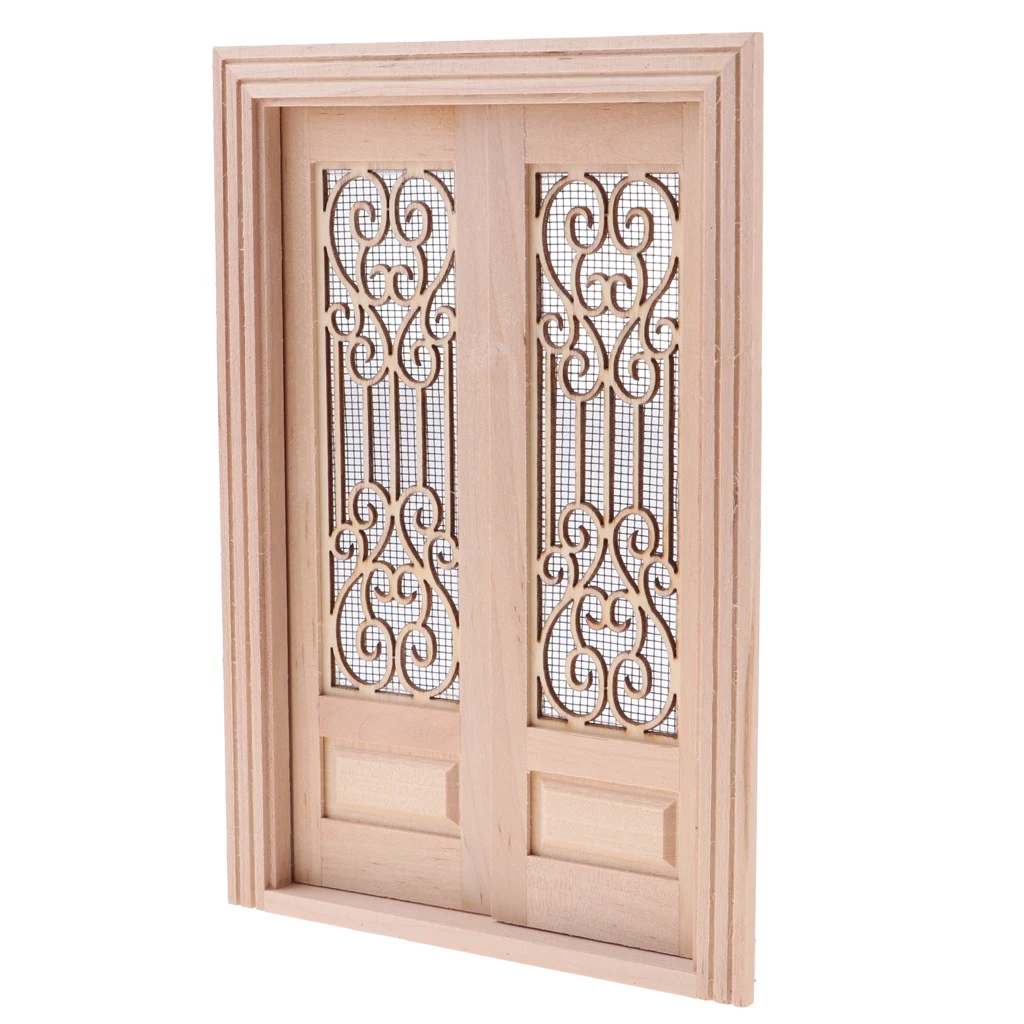 1/12 Scale Dollhouse Miniature Wood External Hollow Screen Double Door & Window Unpainted Furniture for Dolls House Accessory