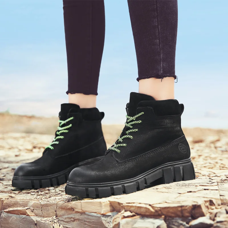 

2019 Autumn Winter Chelsea Boots Genuine Leather Women Ankle Boots Lace Up Military Desert Boots Botas Feminina