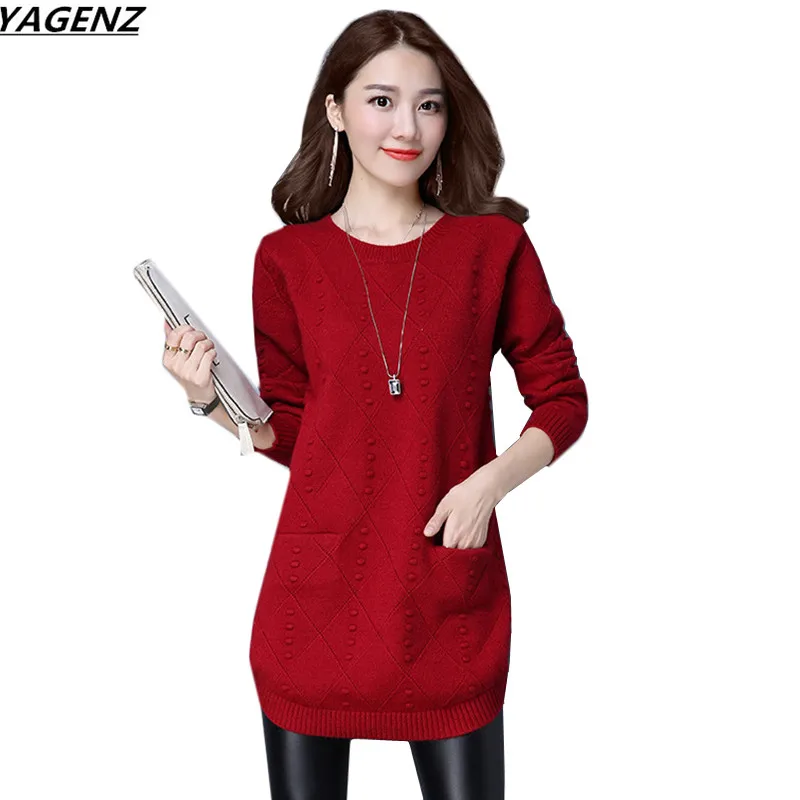 YAGENZ New Autumn Winter Women Sweaters Knit Pullover Solid Color O-neck Long-sleeved Sweaters Fashion Loose Knit Pullover Women
