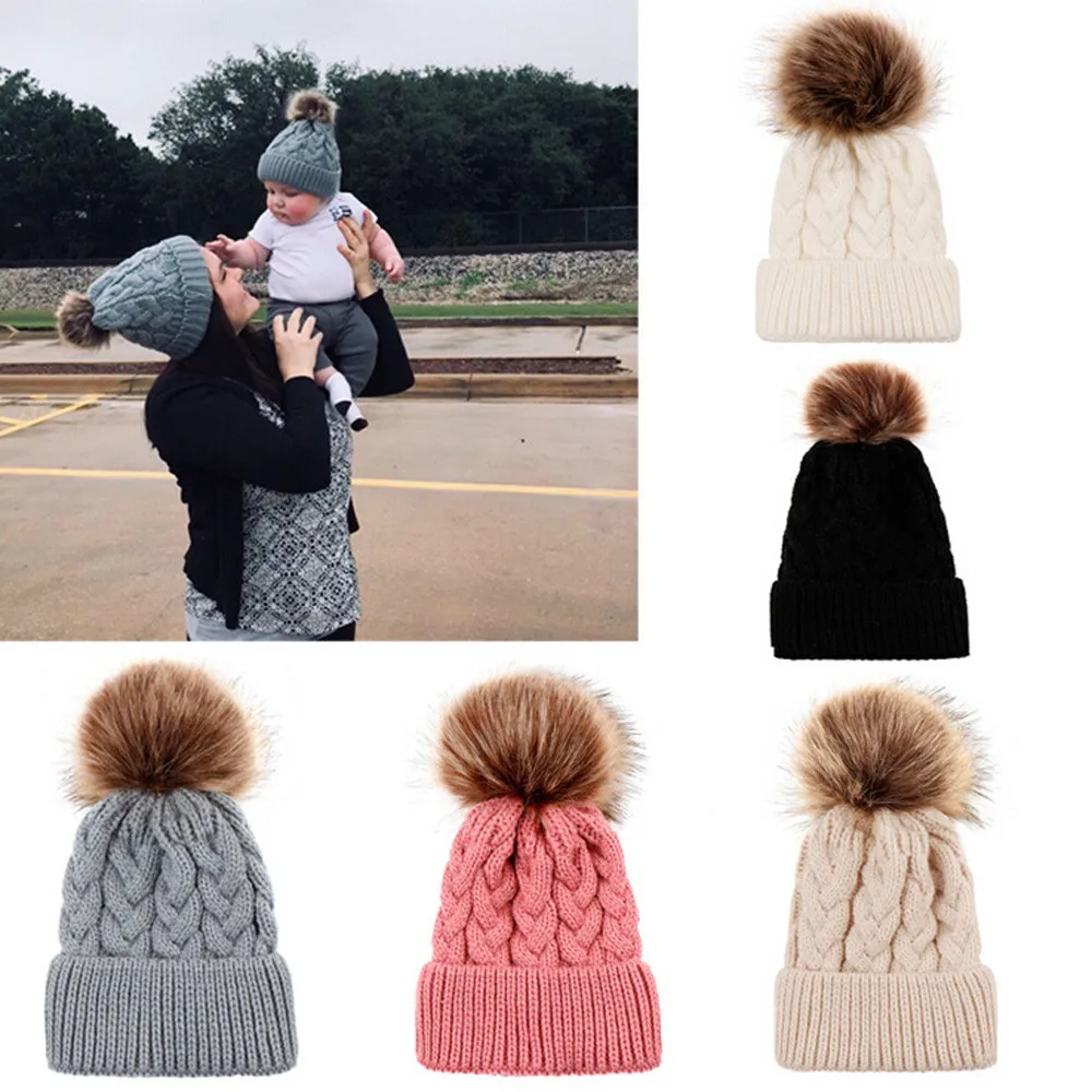 

Knitted Parent-Child Pompon Warm Baby Knitting Wool Hemming Hat Keep Warm Winter Fur Ball Hat Cap USPS #N03