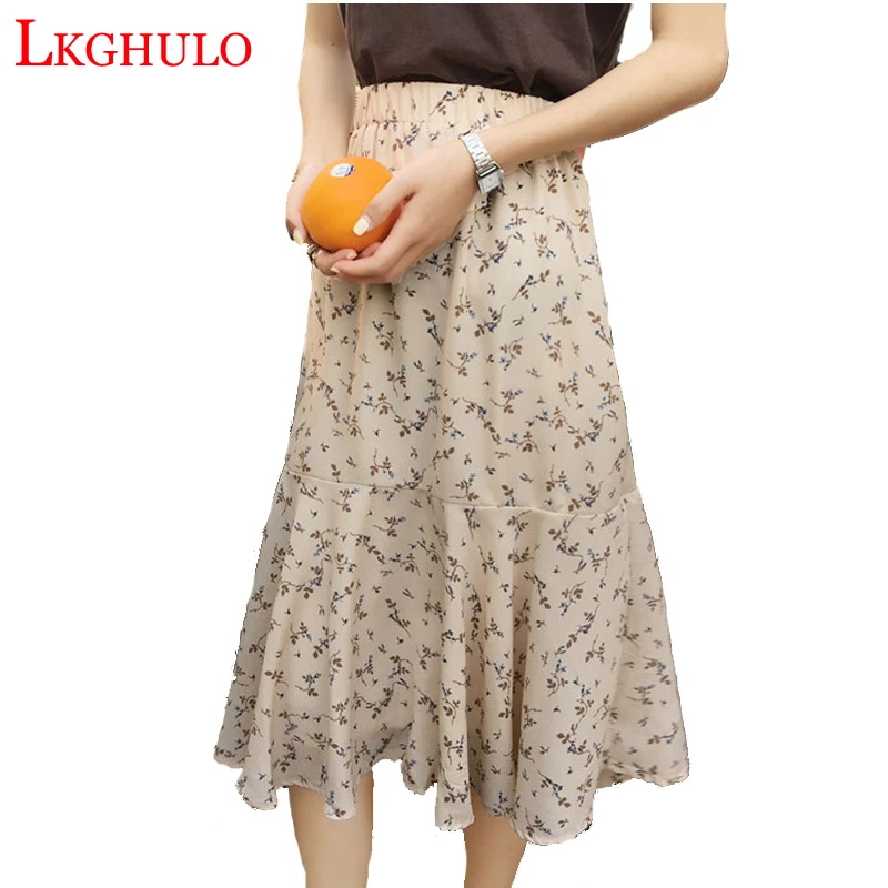 

LKGHULO 2018 Summer Fashion Vintage Womens Bohemia Skirts Floral Printed Waist Elastic Medium Skirt Beautiful lady skirt A682
