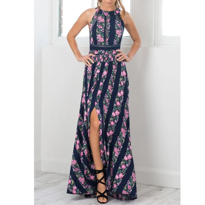 2017 Flower Print Boho Style Maxi Dress Halter Women Dress Beach Style