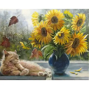 

DIY 5d diamond painting cross stitch diamond embroidery sunflower cat picture full square rhinestone mosaic colorful painting