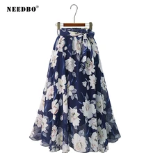 NEEDBO юбка миди с цветочным принтом, высокая талия, женские летние шифоновые юбки, Повседневная элегантная женская длинная юбка в стиле бохо, Faldas Jupe Femme