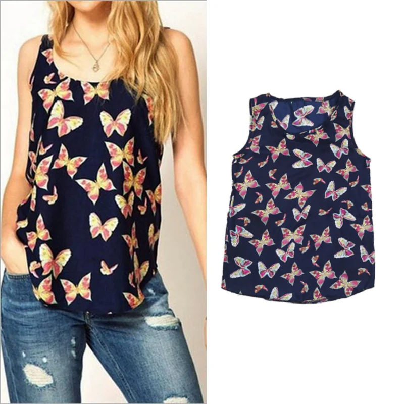 

2019 New Spring and Summer Printed Women's Vest Round Neck Sleeveless Chiffon Shirt Tank Tops Floral Casual Chiffon