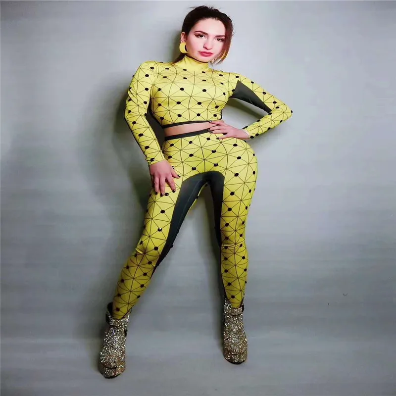 

X95 Ballroom dance stage costumes yellow printed female Split jumpsuit diamonds outfits pole dance dress clothe disco wear party