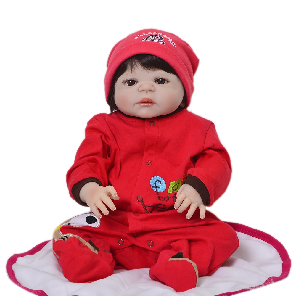 

23" 57cm Lifelike Reborn Baby Doll For Boy Full Silicone Vinyl Fashion Baby Toy Wear Red Dog Romper Child Birthday Gift Can Bath