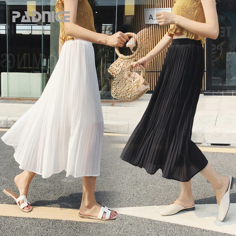 

2019 Summer Women Skirt Pure Color Chiffon Half-length Skirt Pleated Bohemian Skirt Women Party Causal Longuette Skirts