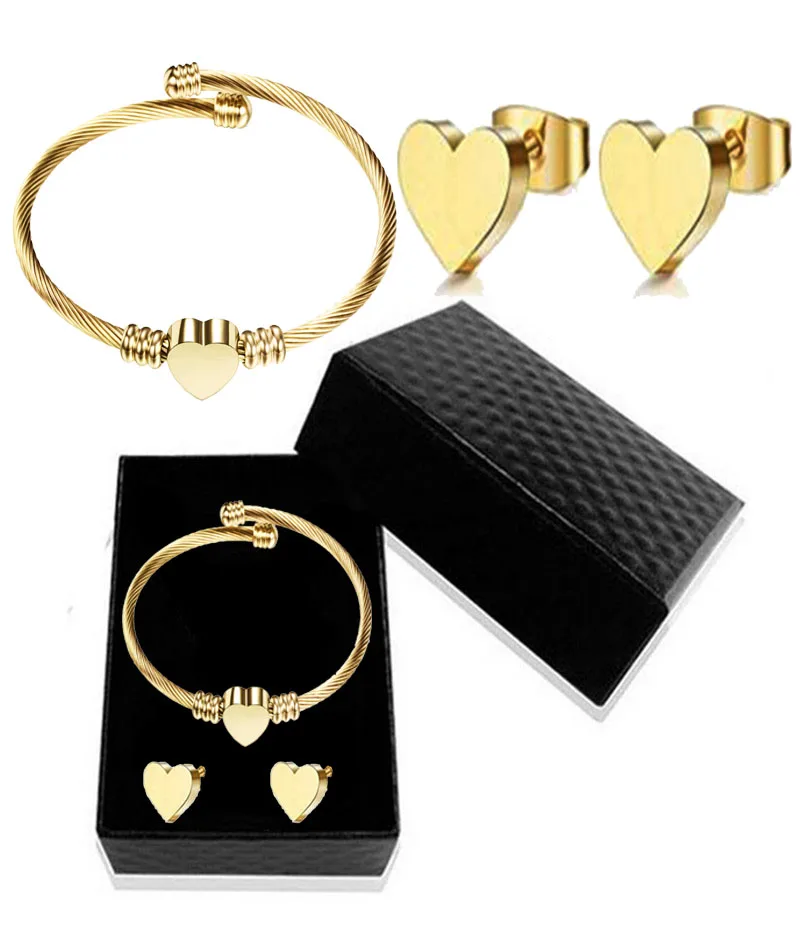 

Trendy Jewelry Gold Silver 316L Stainless Steel Bracelets Bangles Earring Jewelry Set For Women Girl Gift
