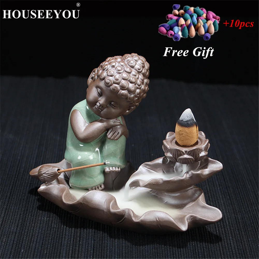 

HOUSEEYOU Glaze Ice Crack Buddha Backflow Incense Burner +10PCS Cones Ceramic Mountains Waterfall Incense Holder Aroma Censer