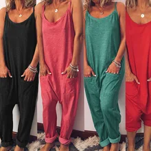 Женский Повседневный Свободный комбинезон с карманами, Летний Пляжный комбинезон, однотонный комбинезон без рукавов