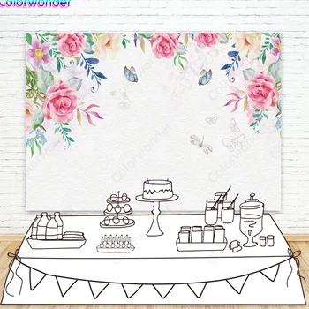 

Photography Background Orange and Pink Rose with Green Leaves and Colorful Butterflies 7x5ft White Flower Backdrops for Wedding