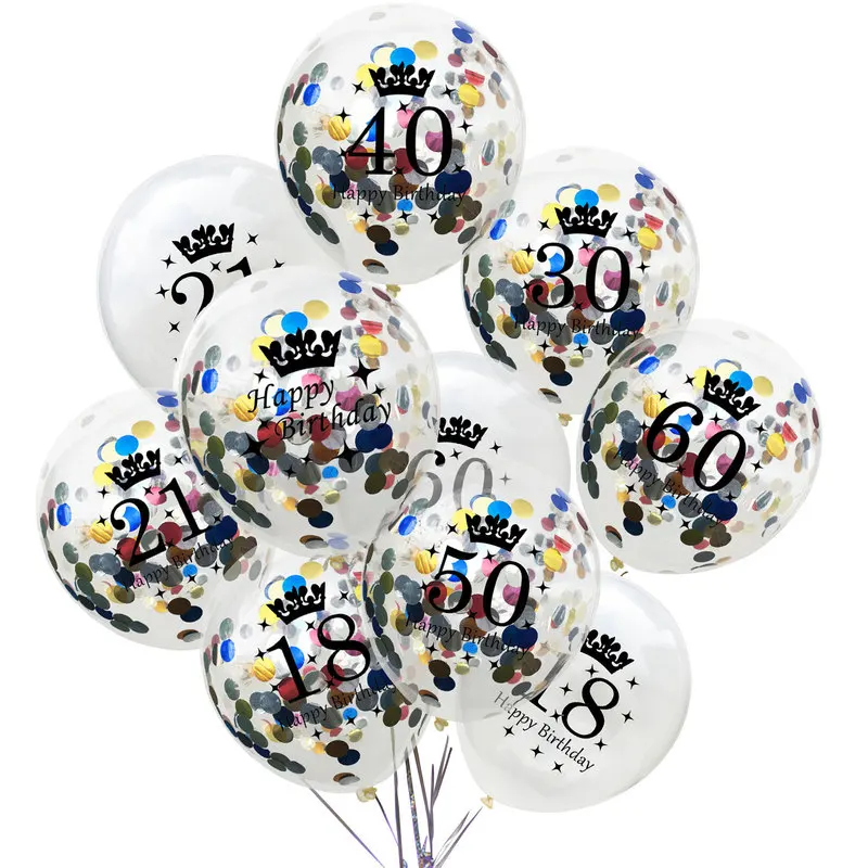 

5pcs 12inch Silver Confetti Balloons Crown Happy Birthday 30/40/50/60 Clear Latex Balloons for Adults Birthday Party Decorations