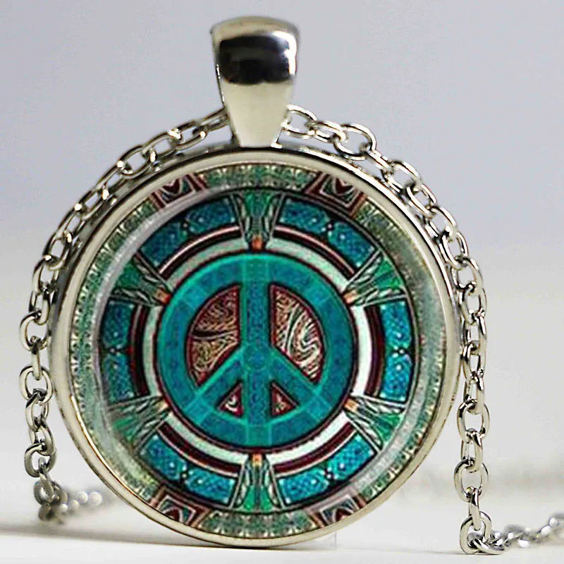 

Hippie Peace Sign Glass Dome Pendant Necklace DIY Handmade Fashion Jewelry Vintage Charm Trendy Gift for Men Women