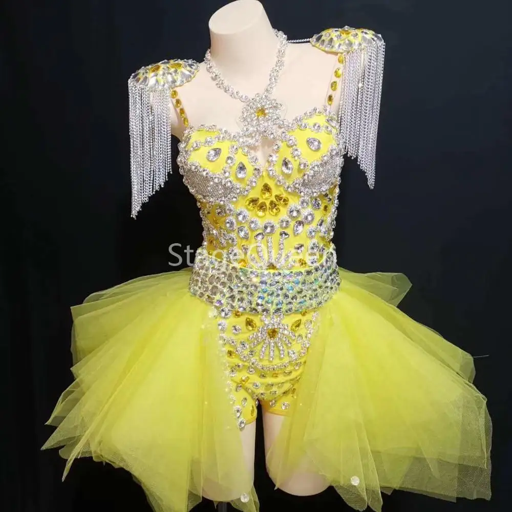 Fashion Design Neon Geel Rhinestone Outfit Turnpakje Rok Show Schoudervullingen Dans Slijtage Chains Franje Kleding Sets Fashion Design Neon Geel Rhinestone Outfit Turnpakje Rok Show Schoudervullingen Dans Slijtage Chains Franje Kleding Sets