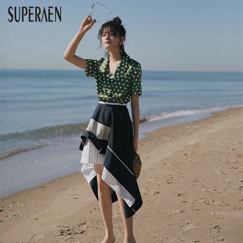 

SuperAen New 2019 Spring and Summer Women Skirts Irregular Cotton Skirts Female Korean Style Striped Ladies Skirts