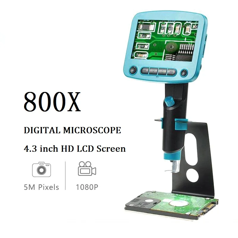 

800X Digital Microscope 5MP Illuminated Magnifier 8LED Video Microscope with 4.3 inch HD LCD Screen for PCB Inspection Repairing
