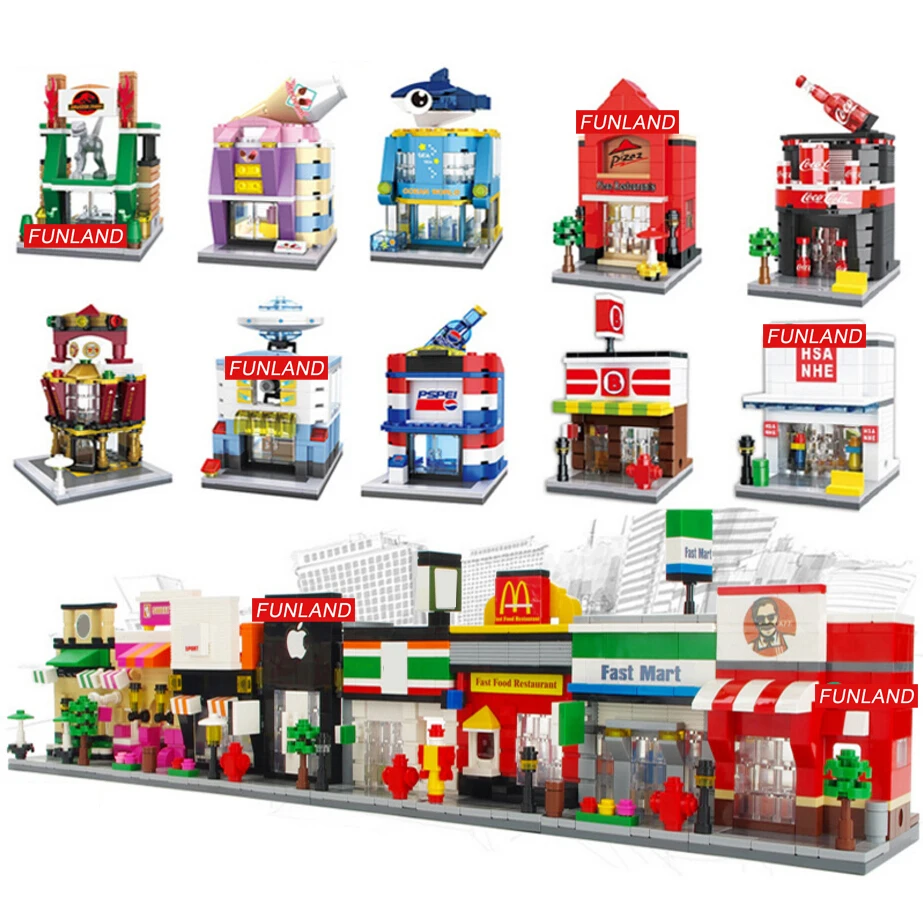 

City mini street view building block Mcdonals pizza hut Apple 711 store Candy Star coffee pepsi cola shop Dinosaur Museum toys