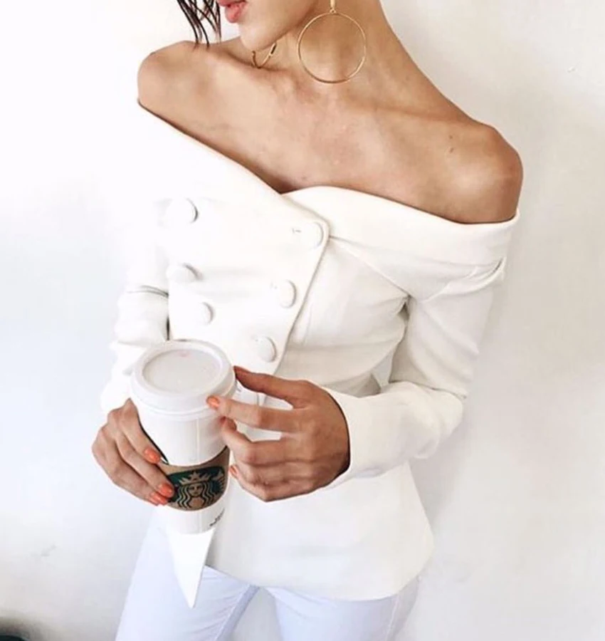 

off shoulder ladies suits with buttons