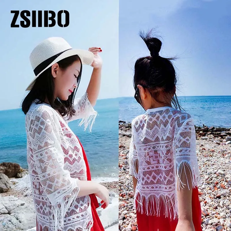 

Mother and daughter Thin Lace Shawl Family Matching Clothes Jacket Female Womens Summer Beach Cardigan Sunblock Hollow Sunscreen
