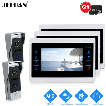 

JERUAN 720P AHD HD Motion Detection 7 INCH Video Door phone Intercom System 3 Record Monitor +2 HD 110 degree 1.0MP Camera 2V3