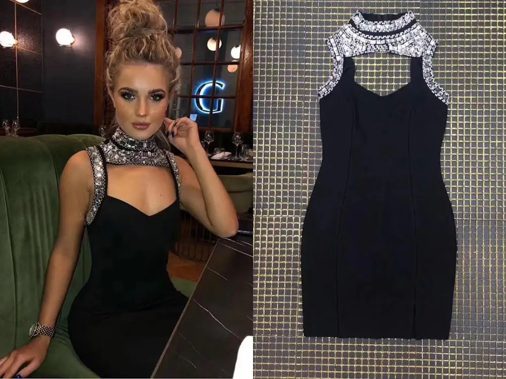 Summer Beading Black Evening Bandage Dresses Sexy Prom Party Dress New Arrive
