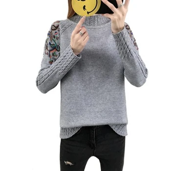 

Women Autumn Winter Knitted Sweater Pullovers Embroidery Semi-high Collar Bottom Shirt Sweater Thicker Elasticity Tops F335
