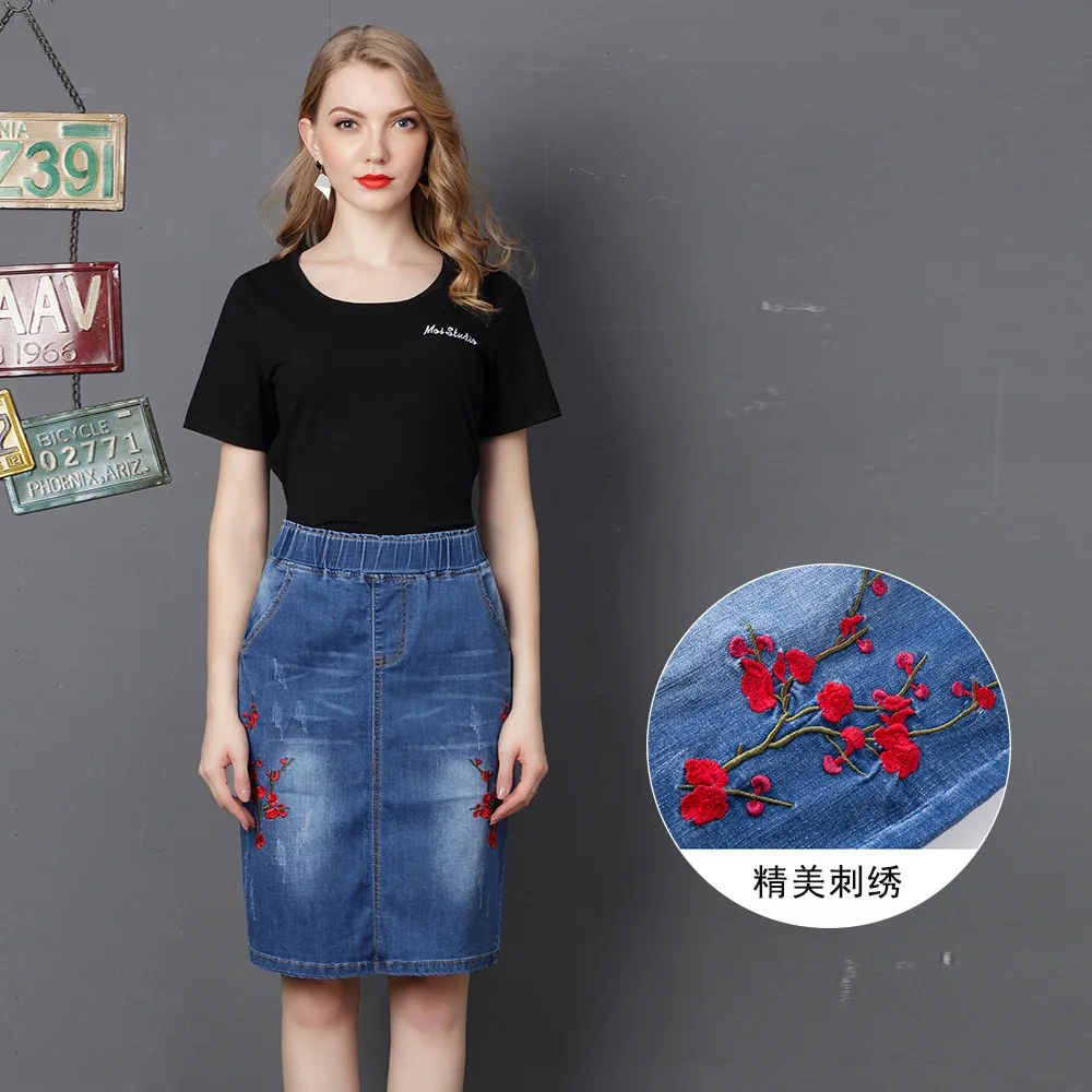 

Summer Women Skirts Plus Size Fashion Embroidery Floral Casual Loose Jeans Skirt For Women Large Denim skirt