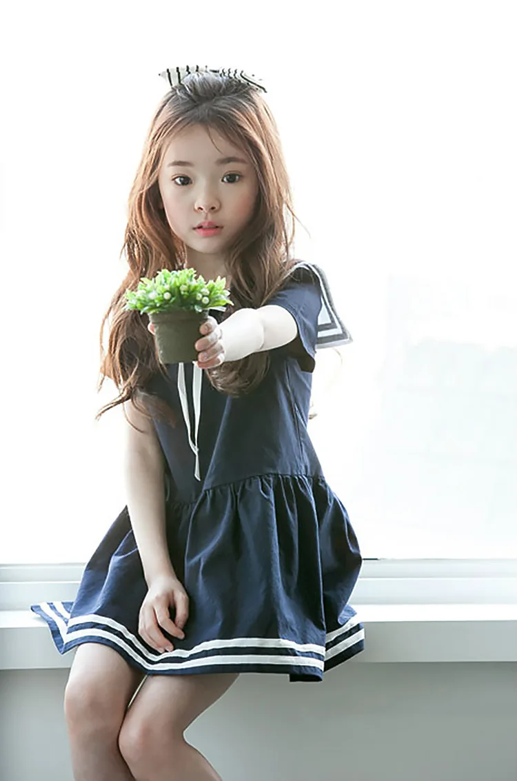 Summer Teen Girls Short Sleeves Cotton Dress Korean Kids Sailor Collar School Clothes Girls Preppy Style Children Clothing- HTB1dAr7PVXXXXbzXFXXq6xXFXXXl