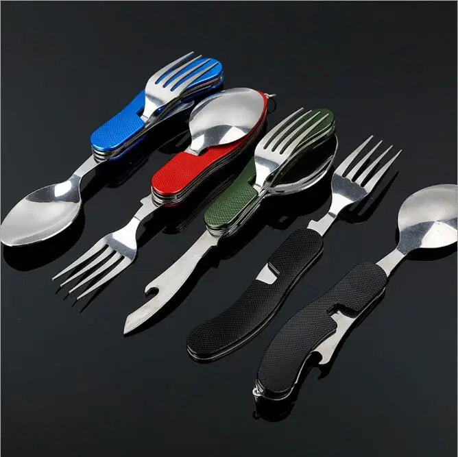 

50pcs/lot Multi-function Outdoor Camping Travel Picnic Tableware Stainless Cutlery 4 in 1 RemovableFolding Spoon Fork Knife