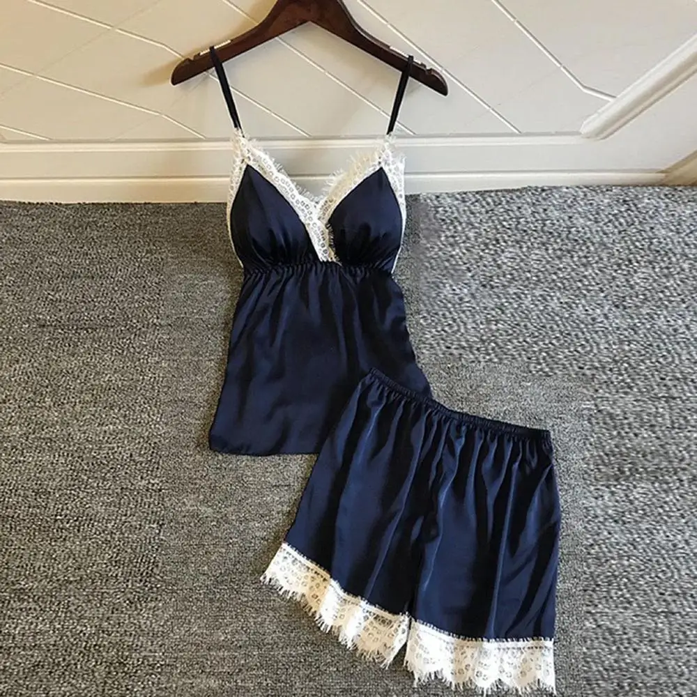 Women's Sleepwear Sexy Satin Pajama Set Black Lace V-Neck Pyjamas Sleeveless Cute Cami Top and Shorts pijama mujer algodon veran Women's Sleepwear Sexy Satin Pajama Set Black Lace V-Neck Pyjamas Sleeveless Cute Cami Top and Shorts pijama mujer algodon veran