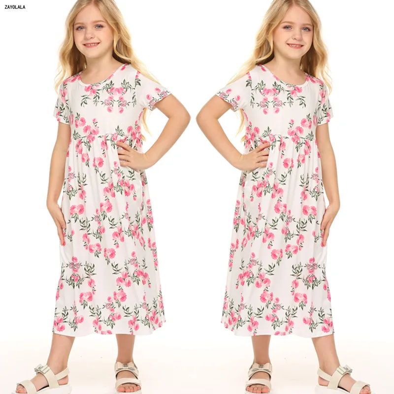 Girl Floral Dress Summer Casual Short Sleeve Princess Printed long Beach Vestidos Children Clothes 3 4 5 6 7 8 Years | Детская одежда и