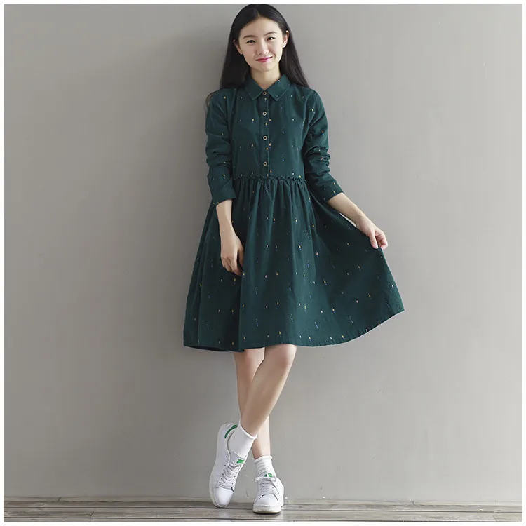 

Vintage Women Loose Dress Collar Character Full Sleeve Casual Corduroy Green Retro Lady Dress